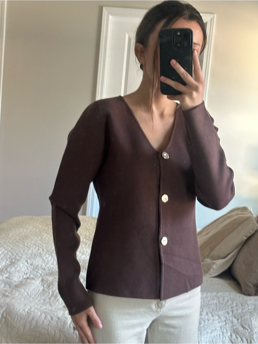 V-Neck Brown Button-Front Women's Sweater